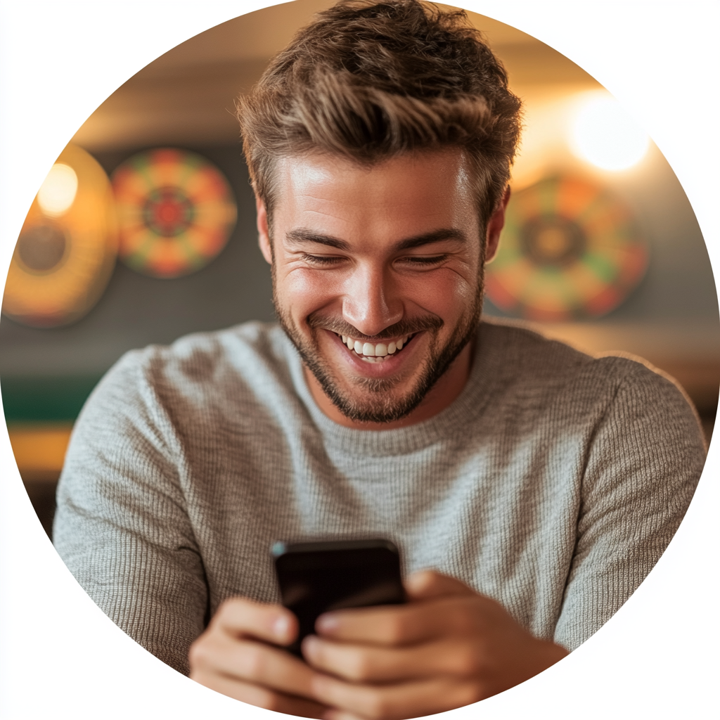 Happy male fantasy darts player with smartphone